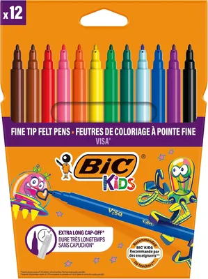 BIC Kids Visa Stylo de coloriage avec pointe fine, lavable, encre à base d'eau - Assortie, paquet de 12