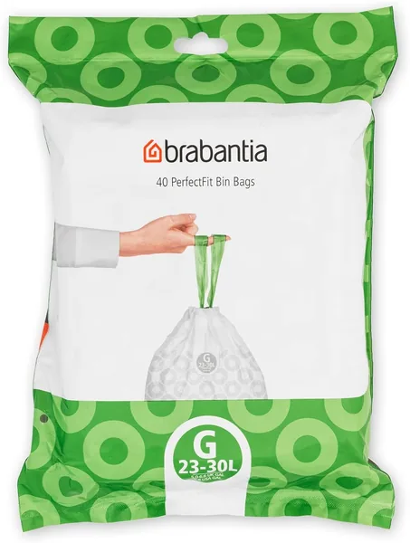 Brabantia PerfectFit Bin Liners Size G/23-30 Litre Thick Plastic Trash Bags with Tie Tape Drawstring Handles (40 Bags)