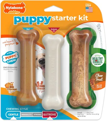 Nylabone Puppy Starter Kit: 2 Chew Toys & Treat, Small, Bacon & Chicken Flavor