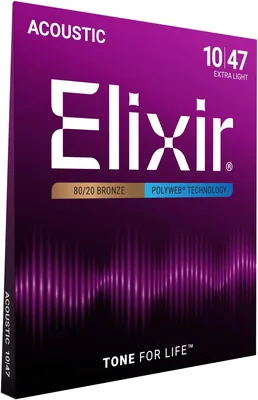Elixir Cuerdas de guitarra acústica de bronce 80/20 con recubrimiento POLYWEB, calibre extraligero, 1 paquete