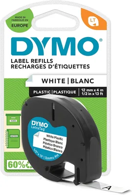 DYMO - Ruban pour LetraTag, 12 mm x 4 m, Noir sur Blanc (43% de réduction)