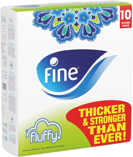 Puffs Fine Fluffy Facial Tissue, 10 packs of 200 sheets x 2 Ply