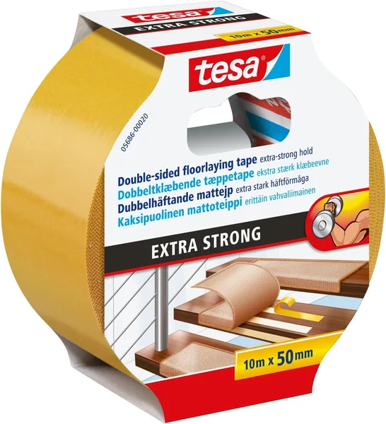 tesa Carpet Tape, Extra-Strong Adhesion, Double-Sided Adhesive Tape for Laying Carpet and PVC Flooring, Adhesive on Both Sides, 10 m x 50 mm