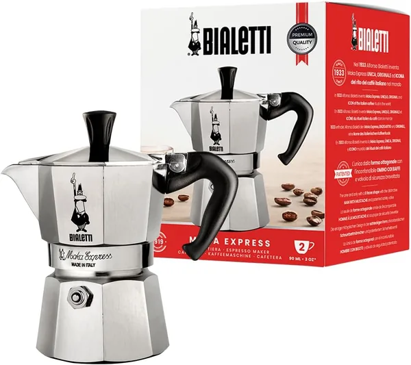 Bialetti Moka Express Coffee Maker 2 Cups, Anti-Scald Handle, Not Suitable for Induction, (90 ml), Aluminium