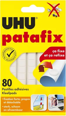 UHU Patafix - Tablettes adhésives pré-coupées - Fixation rapide et propre - Testé dermatologiquement - Blanc - 80 faces doubles adhésives