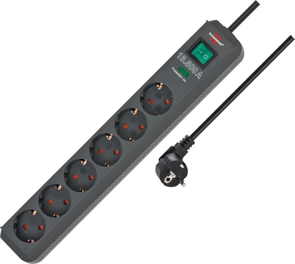 Brennenstuhl Eco-Line 6-Socket Power Strip With Surge Protection (Power Strip With Increased Contact Protection, On/Off Switch and 1.5 m Cable), Anthracite