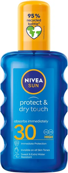 NIVEA SUN Protect & Dry Touch Invisible Sun Spray SPF 30 (200 ml), Water-Resistant Sun Oil, Immediate Protection against UVA & UVB Rays, Transparent/No White Marks