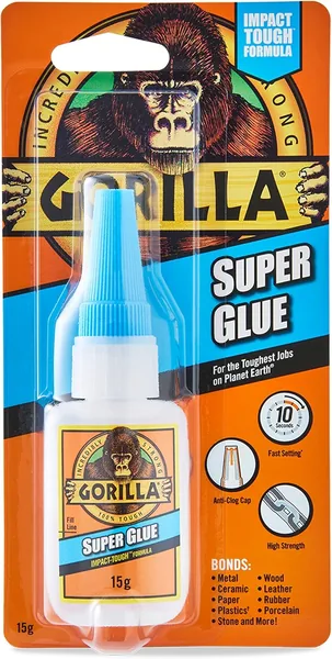 Gorilla Super Glue, 15g - All Purpose, Impact Tough & Fast Setting with Anti-Clog Cap Ideal for Metal, Ceramics, Leather & More