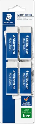 Staedtler Mars Plastique Effaceur Blanc 526 50 - Paquet de 4 en Blister pour Enfants, Faible Résidu, Sans Phthalate et Latex, A