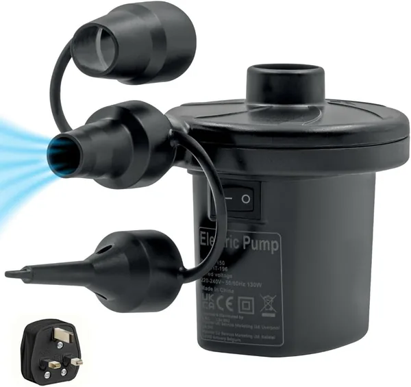 Milestone Camping Electric Air Pump High Power with 3 Nozzles/British Brand & Safety Certificates/Airbeds Inflatable Mattresses Paddling Pools Balls