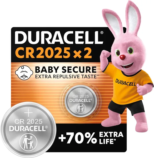 DURACELL 2025 Lithium Coin Batteries 3V (2 pack) - Up to 70% Extra Life