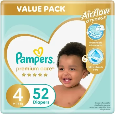 Pampers Premium Care Size 4 (9-14kg) - 52 Nappies, Airflow Skin Comfort - Save 43%