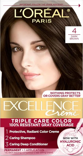 L'Oreal Paris Excellence Cr me Permanent Hair Dye, Triple Care Hair Color with Hyaluronic Acid for 100% Gray Coverage, 4 Dark Brown