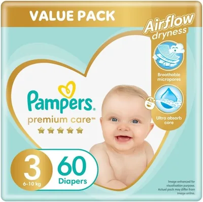 Pampers Premium Care Size 3 Nappies, Airflow Dryness - 60 Nappies (6-10 kg) - 43% Off