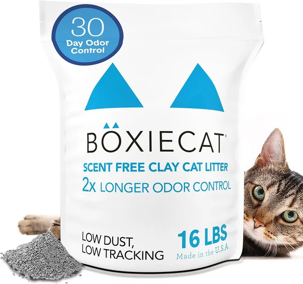Boxie Unscented 30 Day Odor Control Clumping Clay Cat & Kitty Litter 16 lb, 99.9% Dust-Free, Hard Flat Top