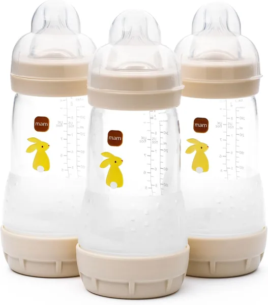 MAM Easy Start Anti-Colic Baby Bottles | 3 Pack (3 x 260) | Self-Sterlising Baby Milk Bottle | Medium Flow MAM Teats Size 2 | Newborn Essentials | Linen