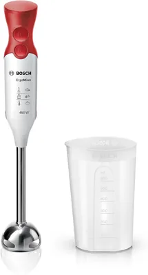 Bosch MSM64110 Frullatore a Mano, 450 W, Impugnatura Ergonomica, Piedi in Acciaio Inossidabile, Lama a 4 Ali in Acciaio Inossidabile, 2 Livelli di Velocità, P