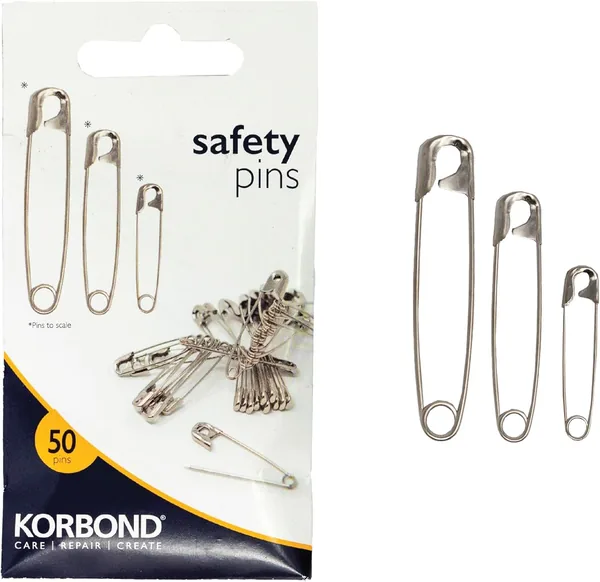 Korbond Silver Safety Pins - 50 Pieces; Professional Grade, Sharp Point, Heavy Duty, Nickel