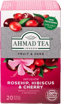 Ahmad Tea Rosehip, Hibiscus and Cherry Fruit and Herbal Tea Without Caffeine, Individually Wrapped, 