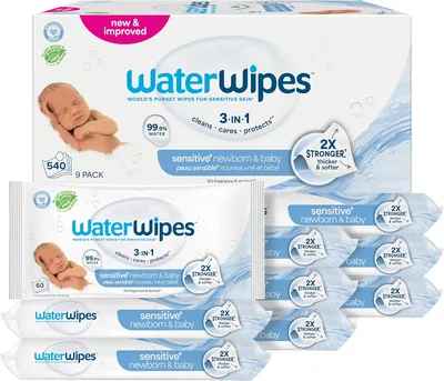 WaterWipes Sensitive Baby Wipes, Unscented, 540 Count (9 Packs of 60)