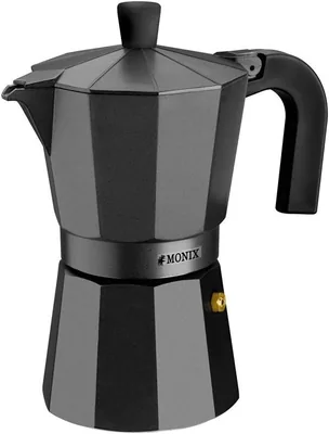 Monix Vitro Noir | Cafetera de Aluminio Italiana para 12 Tazas, Adecuada para Vidrio-Cerámica, Gas y Eléctrica, No Adecuada para Inducción