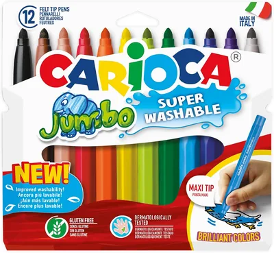 Carioca A52100012 - 12 Marcadores en Estuche de Cartón | Formato Jumbo y Tipos Maxi (6 mm), Super Washa