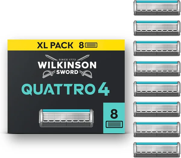 Wilkinson Sword Quattro Rasortjes voor Mannen, Herlaadpakket met 4 Diamantbeklede Mesjes en 8 Extra Mesjes - 71% Korting