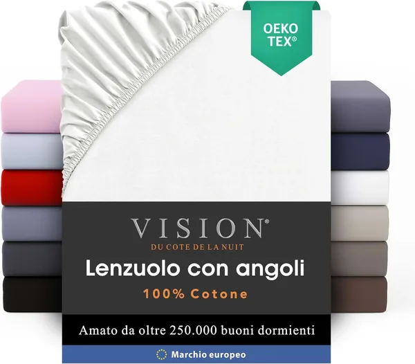 VISION Fitted Sheet - 100% Cotton - Double (160 x 200 cm) - Fits Mattresses up to 25 cm - Oeko-Tex Certified - Machine Washable - Colour: White