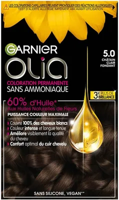Garnier Olia Coloration Permanent sans Ammoniac - Huiles de Fleurs Naturelles - Fondant Châtain Clair (5.0) - 26% de réduction