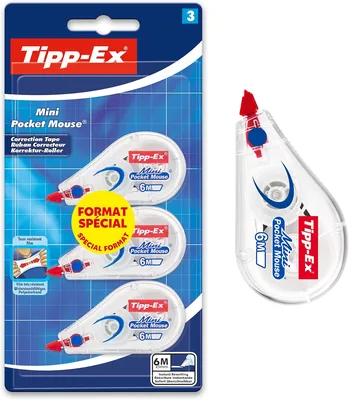 BIC Tipp-Ex Mini Pocket Mouse Correction Tape 6 m x 5 mm, Formate spécial Blister de 3, Meilleur prix
