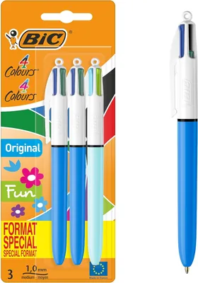BIC 4 Original Couleurs et BIC 4 Couleurs Amusantes Stylos à Bille Rétractables avec Tipes Moyen (1 mm) - Blister de 3