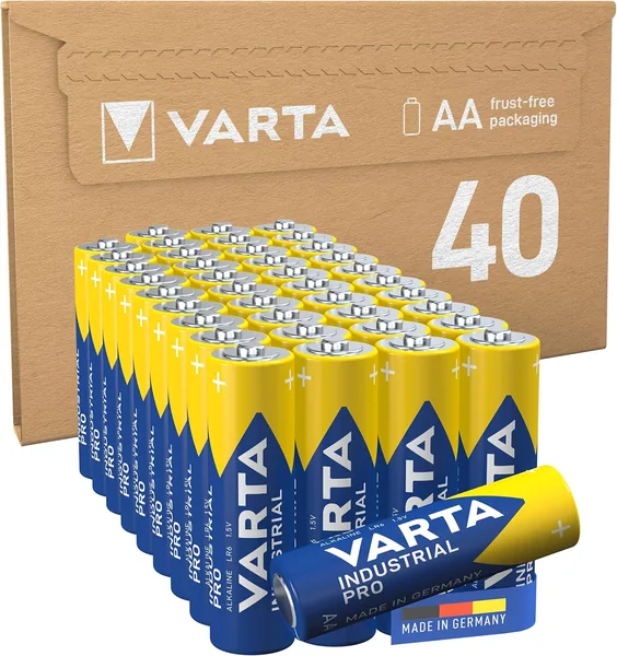 VARTA AA Batteries Pack of 40 Industrial Pro Alkaline Batteries 1.5V Eco-Friendly Packaging Storage Pack Made in Germany