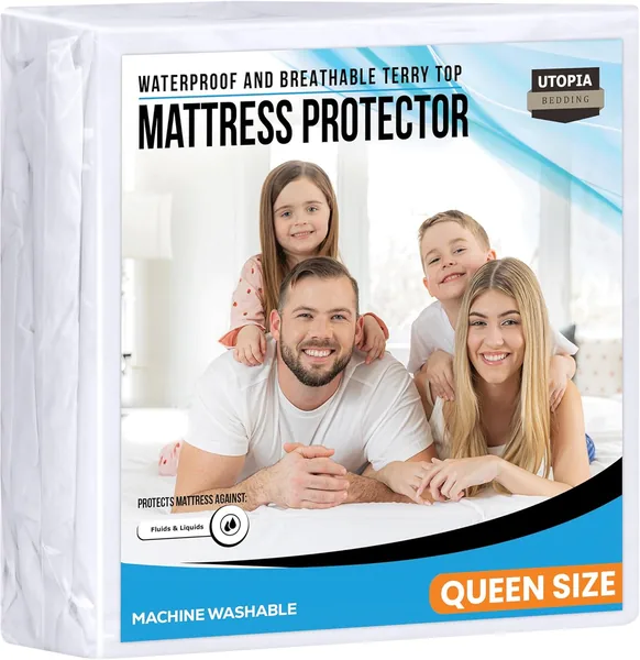 Utopia Bedding Waterproof Mattress Protector Queen Size, Premium Terry Mattress Cover 200 GSM, Breathable, Fitted Style with Stretchable Pockets (White)