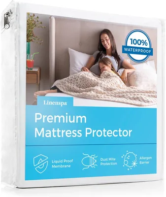 LINENSPA Premium Mattress Protector - White - Queen Size - Breathable Polyester - Fitted Style - Wat