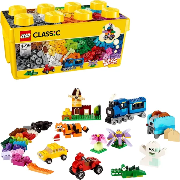 LEGO Classic Medium Brick Box Creativity Building Game for Children and Adults Ages 4+, Green Base, Cars and Animal Figurines Storage
