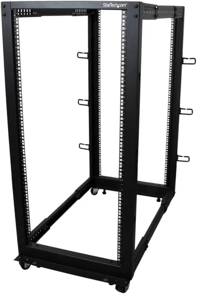 StarTech.com 4-Post 25U Mobile Open Frame Server Rack, 19in Network Rack with Wheels