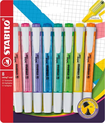 Stabilo - Marqueur - Swing Cool | Boîte Carton x 8 Couleurs Neon Assorties