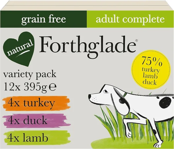 Forthglade Complete Natural Wet Dog Food - Grain Free Variety Pack (12x395g) Trays - Turkey, Lamb & Duck