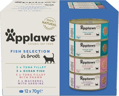 Applaws Natuurlijke Natte Katvoedsel, Meerdere Visselectie in Broth 70g Can (Pack van 12), Multi-Kleuren - 16% Korting