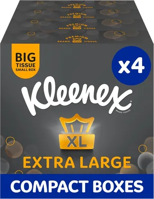 Kleenex Extra Large Facial Tissues - 4 Compact Tissue Boxes | Soft, Strong and Extra Big