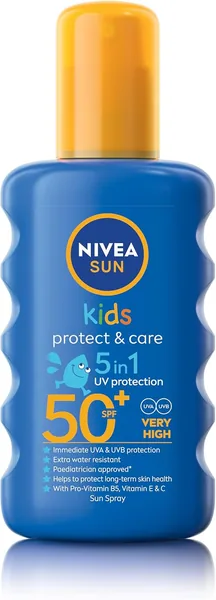 NIVEA SUN Kids Sunscreen Spray, Protect & Care, SPF 50+, 5in1 Skin Protection
