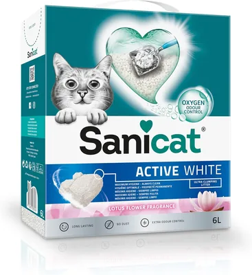 Sanicat - Arena Activa Blanca con Flor de Loto, Hecha de Minerales Naturales con Control de Olores Garantizado, Absorbe Humedad