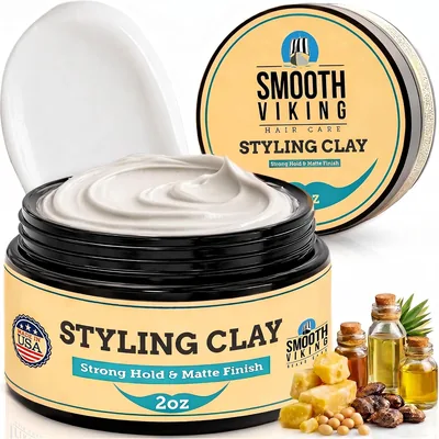 Smooth Viking Hair Clay for Men - Strong Hold Matte Finish, 2oz | Easy Wash Natural Thickener