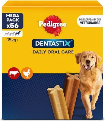 DENTASTIX 56 bâtonnets à mâcher pour chiens de grande taille, saveurs poulet et bœuf (x8 sachets), 25 kg+, meilleure offre