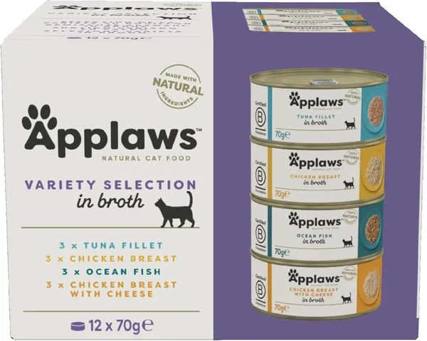 Applaws 100% Natural Adult Wet Cat Food in Broth - Mixed Selection of Tuna, Chicken and Ocean Fish in Broth - Pack of 12 70g cans