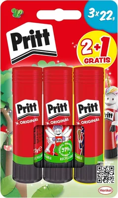 Pegamento Pritt Original para Manualidades, 2+1 x 22g, Para Papel/Cartón/Etiquetas/Fotos, 97% Ingredientes Naturales