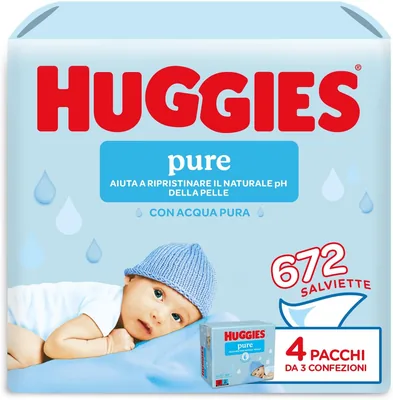 Wipe puri per neonati Huggies, 99% acqua, 65% fibre assorbenti naturali, 672 pezzi (12 x 56)