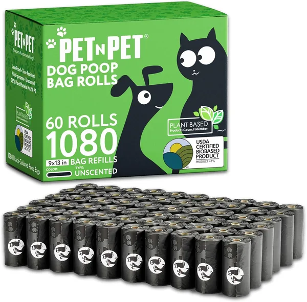 Pet N Pet Dog Poop Bags - USDA Certified 41% Plant-Based Doggy Poop Bags - Leak-Proof Sac Caca Chien Refill Rolls (1080 Count, Unscented, Black)