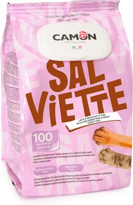 CAMON | Salviette Detergenti per Cani e Gatti, 30 x 17 cm, Conf. da 100, Fragranza Latte e Miele, Senza Alcol Etilico né Parabeni