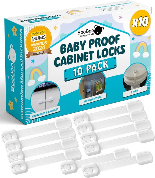 BooBoo  (10 PACK) Premium Child Locks For Kitchen Cupboards, Child Proof Cabinet Locks, Drawer Locks